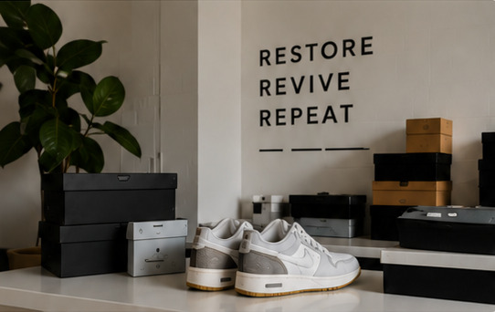 Freshly cleaned sneakers on a shelf beside boxes, under a “Restore, Revive, Repeat” sign