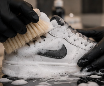 A gloved hand scrubbing a white sneaker with a brush and foam